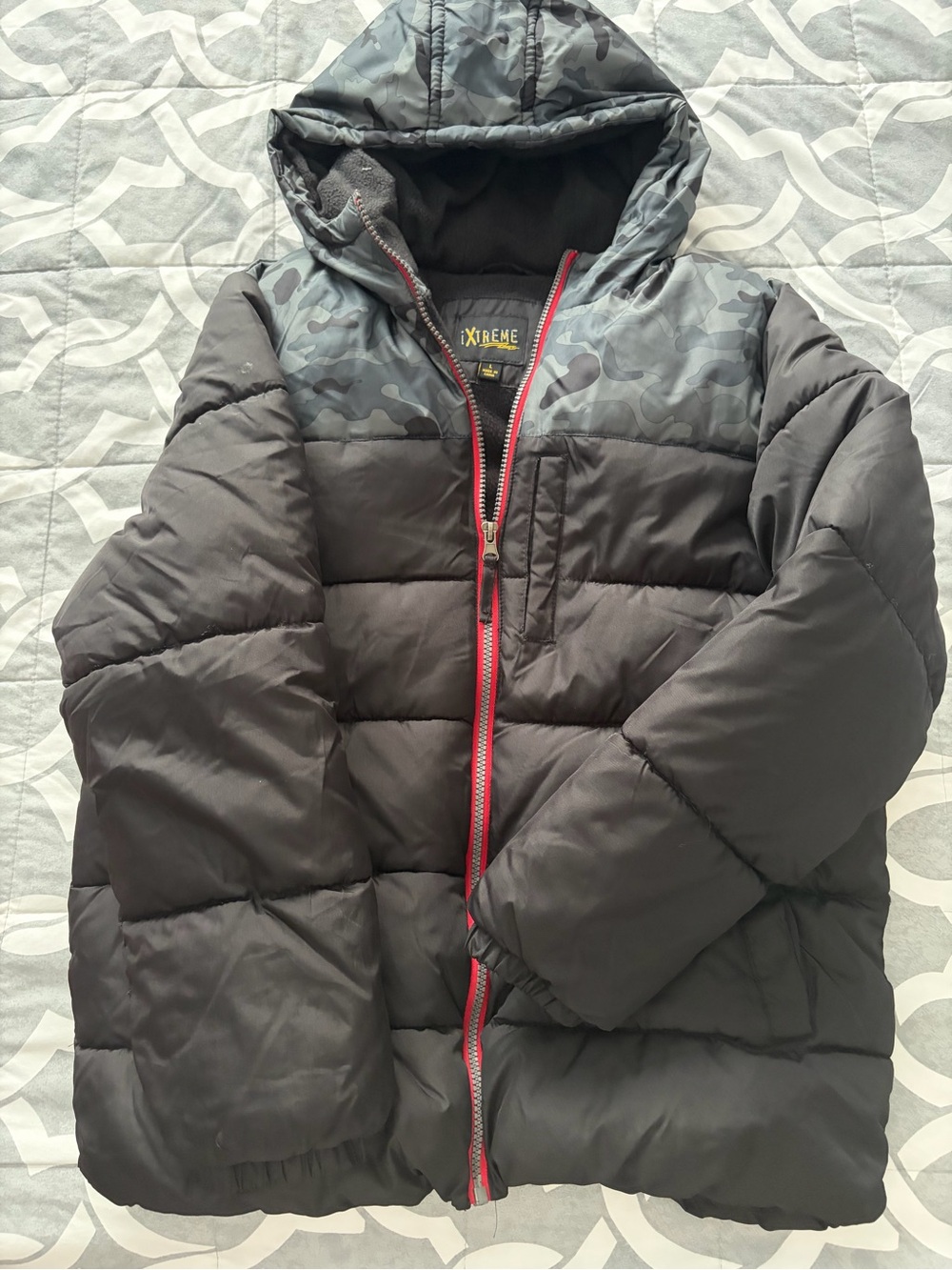 Kids Black Puffer Jacket with Camo Hood Accent by Xtreme
